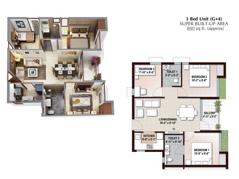 3 BHK - 890 sqft
