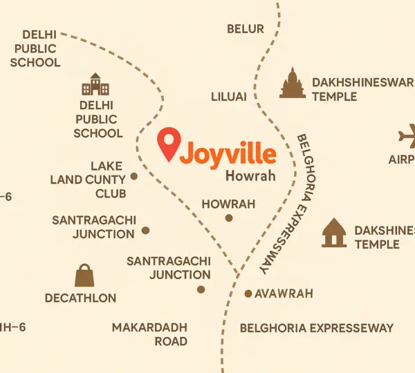 Map of Joyville Santragachi project with connectivity to Howrah, Santragachi, and Kolkata hubs
