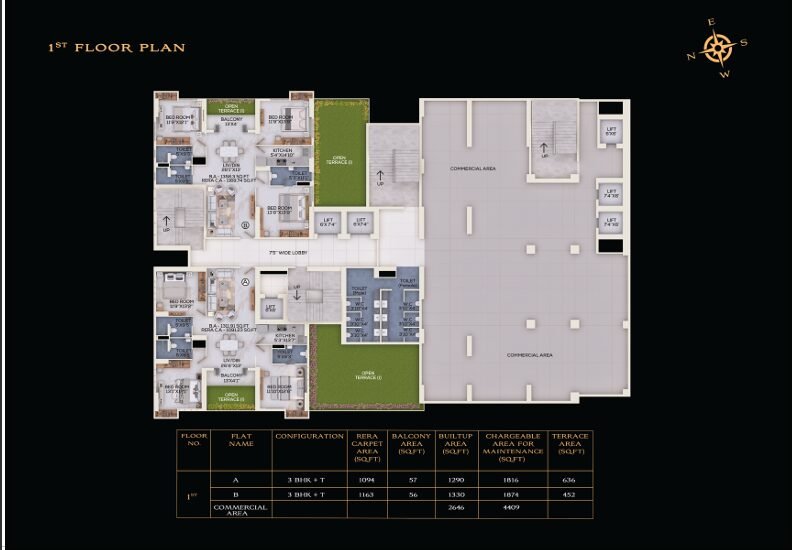 4 BHK apartment floor plan with open terrace at The Burj Park Circus Kolkata