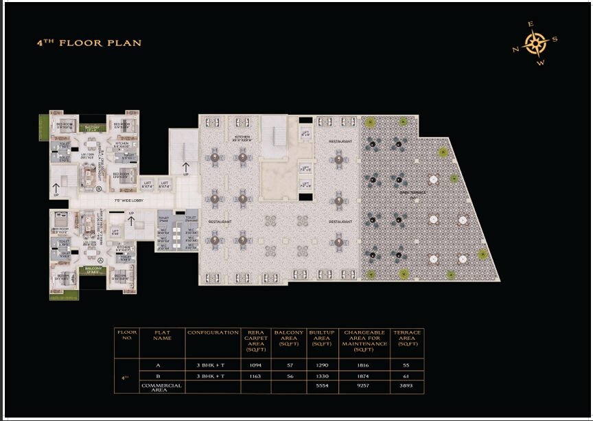 4th floor plan of The Burj Park Circus Kolkata showing luxury 3 BHK apartments and commercial restaurant area