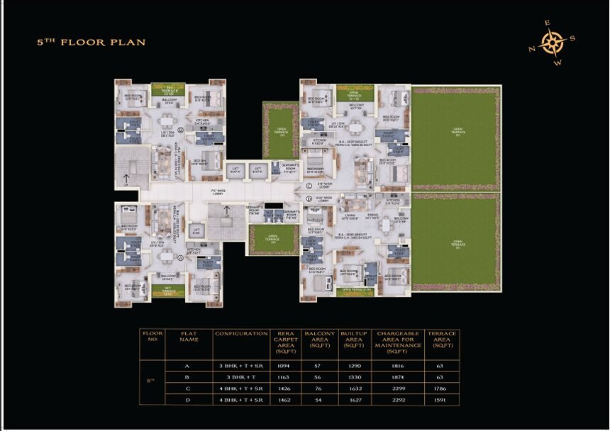 5th floor plan of The Burj Park Circus Kolkata showing 3 BHK and 4 BHK luxury apartments with terrace