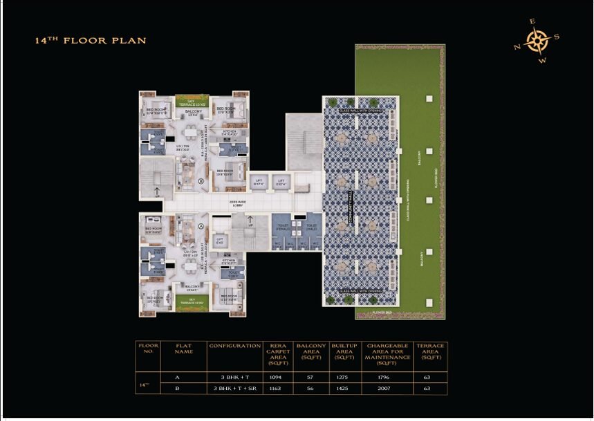 14th floor plan of The Burj Park Circus Kolkata showing 3 BHK luxury apartments with sky lounge and open terrace