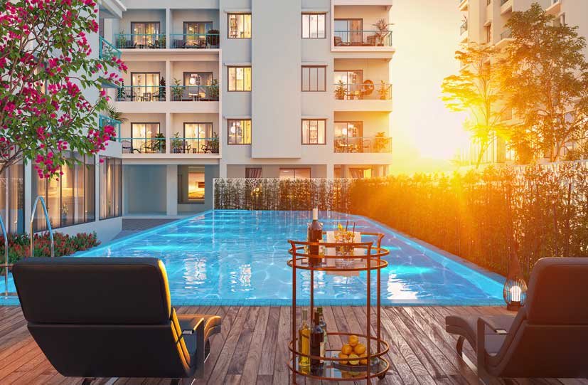 Water-themed decorated pond and landscaped gardens at Atri Aqua